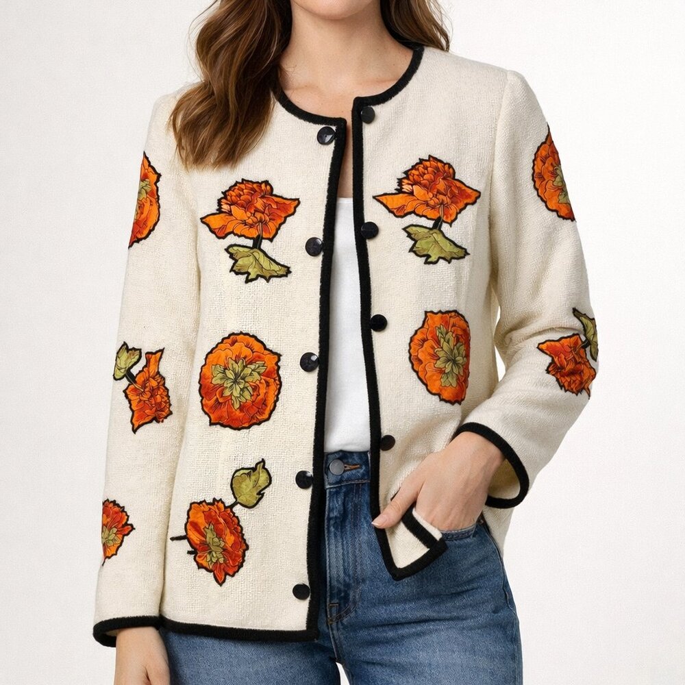 Vintage Anne French Floral Knit Cardigan Sweater Cream Poppy Print 8 Medium